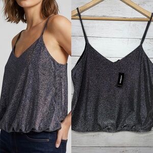 Express Metallic Silver Cami Gathered Bubble Hem Tank Top Size Medium NWT